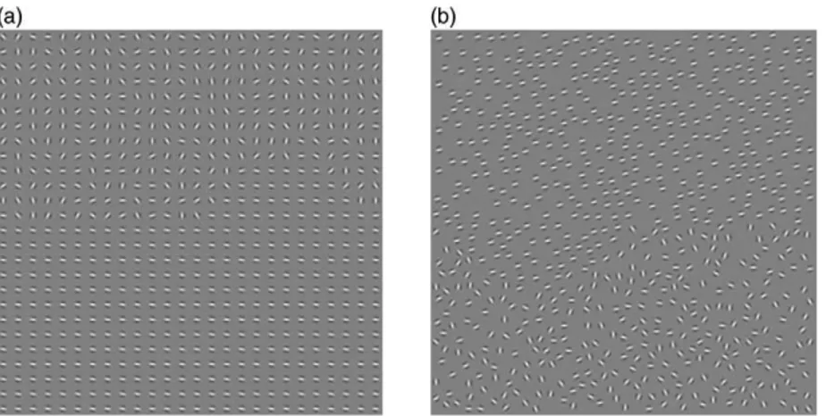 Figure 6. Example stimuli used in Experiment 3 (with a straight and curved part in the texture edge) for which the  spatial arrangement of elements is regular (a) and random (b).