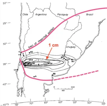 Fig. 7. Isopach map of the ashfall from the 1932 Quizapu (Cerro Azul) eruption, Chile