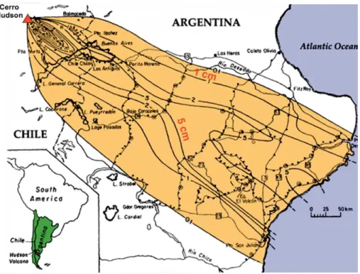 Fig. 8. Isopach map of the ashfall from the 1991 Cerro Hudson eruption, Chile. The 1 cm and 5 cm isopachs are indicated by red labels (from Scasso et al., 1994, Fig