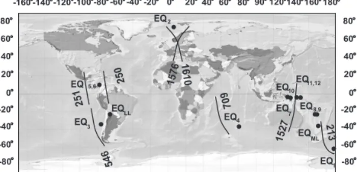 Table 1. Satellite orbits above sources of forthcoming or just hap- hap-pened seismic events.