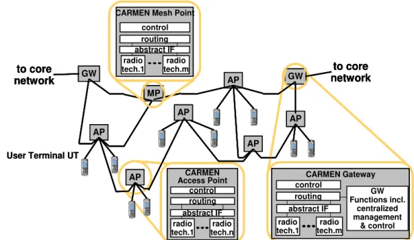 Fig. 2. Exemplary configuration of a CARMEN network with its mesh network entities.