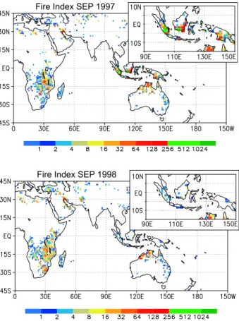 Fig. 3. Fire index as derived from ATSR hotspot data for September 1997 and September 1998.