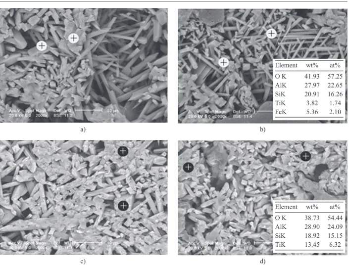 figure 2.  SeM micrographs and edS analysis of hf-etched samples (+ : Mullite).