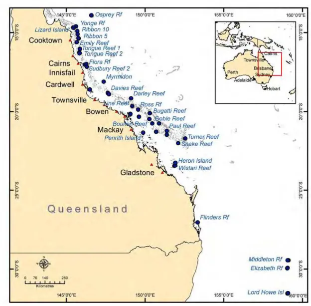 Fig. 1 Map of the genetic survey sites (solid blue circles and labelled where feasible)