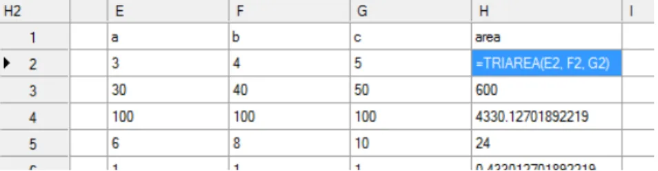 Figure 3: Ordinary sheet calling TRIAREA, defined in Figure 2, from cells H2:H5.