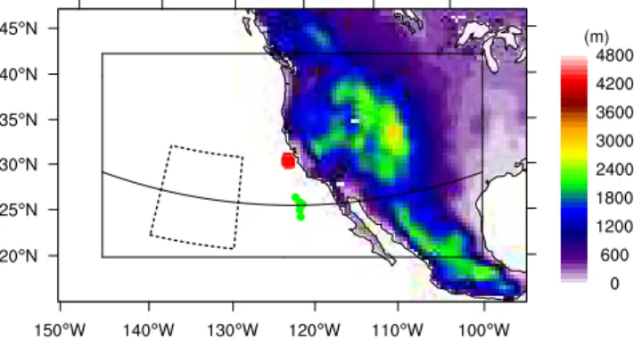 Fig. 1. The topographic height (m) of the western North America (WNA) domain. The solid black box shows the furthest boundary of the buffer zone