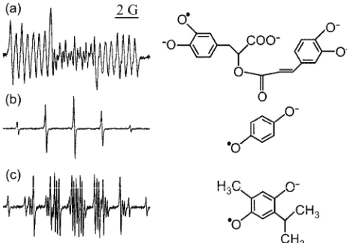 Fig. 6. The EPR semiquinone spectra and chemical structures of a) rosmarinic acid from  Peltodon radicans, b) hydroquinone from Salvia hispanica and c) thymohydroquinone from 