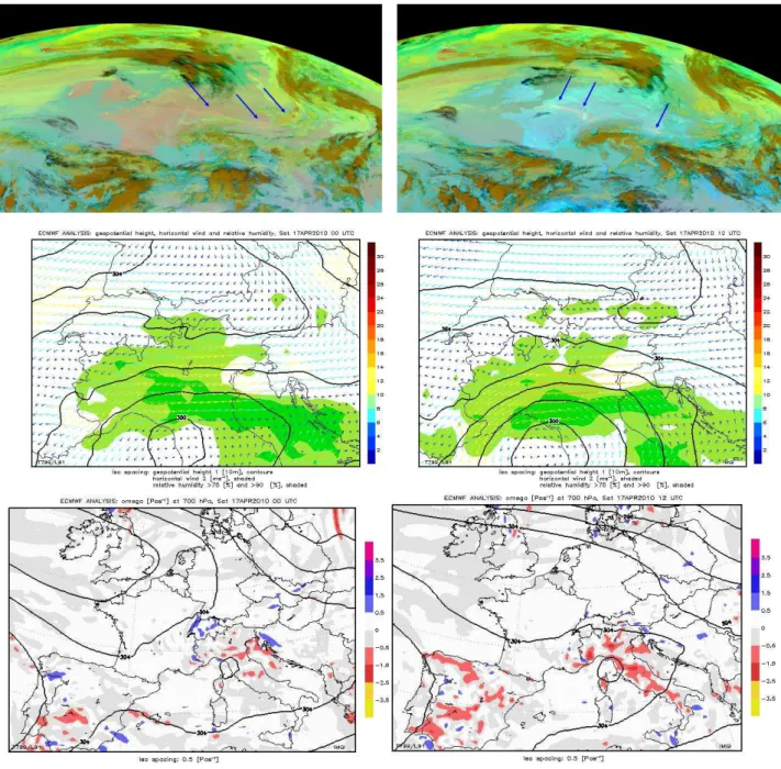Fig. 3. Upper panels: METEOSAT SEVIRI “ash product” from 17 April, 00:00 UTC (left) and 17 April, 12:00 UTC (right)