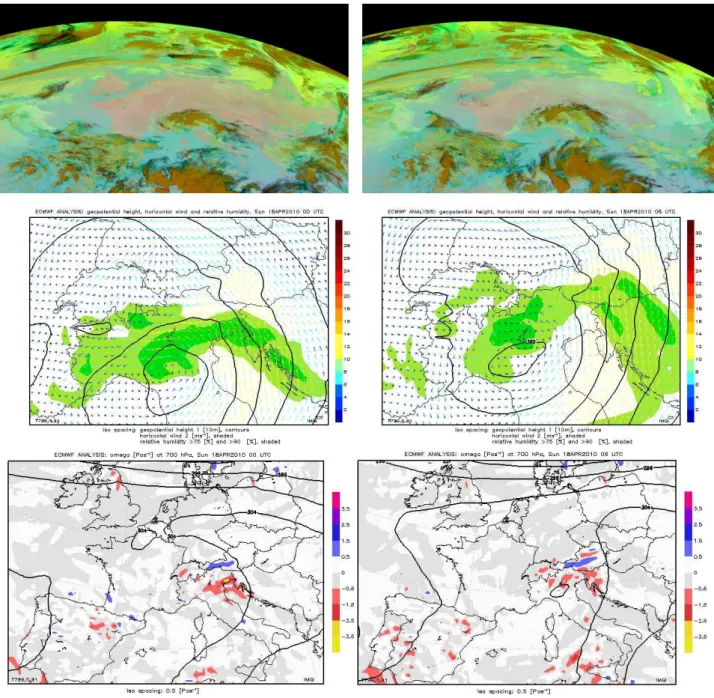 Fig. 4. Upper panels: METEOSAT SEVIRI “ash product” from 18 April, 00:00 UTC (left) and 18 April, 06:00 UTC (right)