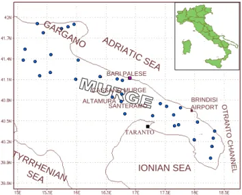 Fig. 1. Map of south-eastern Italy showing the position of the 33 surface stations, the radar site (Bari Palese) and the sounding station (Brindisi airport)