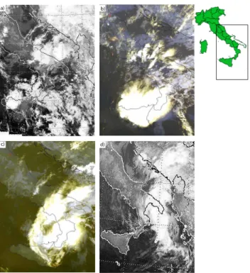 Fig. 4. Reflectivity maps (radar elevation 2.75 ◦ ) in dbZ, generated by the radar in Bari Palese (Aerotech S.r.l.) at (a) 04:05 UTC, (b) 15:11 UTC, (c) 19:03 UTC, 22 October 2005 and (d) 03:15 UTC, 23 October 2005
