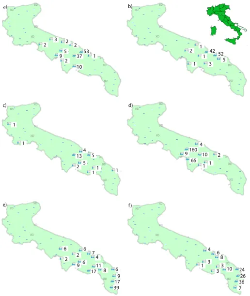 Fig. 5. 6-h accumulated rainfall recorded in the stations of SMA S.p.A. in the following time interval: (a) 00:00–06:00 UTC, (b) 06:00–
