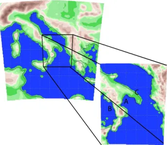 Fig. 9. WRF model integration domains: the external domain is shown on the left, the box on the right represents the nested domain, where A, B and C denote the positions of the simulated soundings shown in Fig