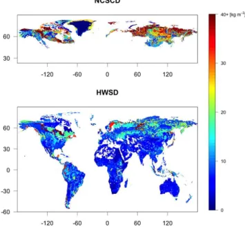 Fig. 1. Carbon density [kg m −2 ] in the top 1 m of soil from the Northern Circumpolar Soil Carbon Database (NCSCD) (Tarnocai et al., 2009) and Harmonized World Soil Database (HWSD) (FAO/IIASA/ISRIC/ISSCAS/JRC, 2012).