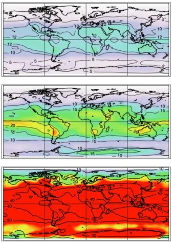 Fig. 8. Maximal UV indices observed in the years 2010, 2050 and 2090. The color scale was limited to a UV Index of 25 to reflect the current (2010) maximum UV levels observed in the South American Andes