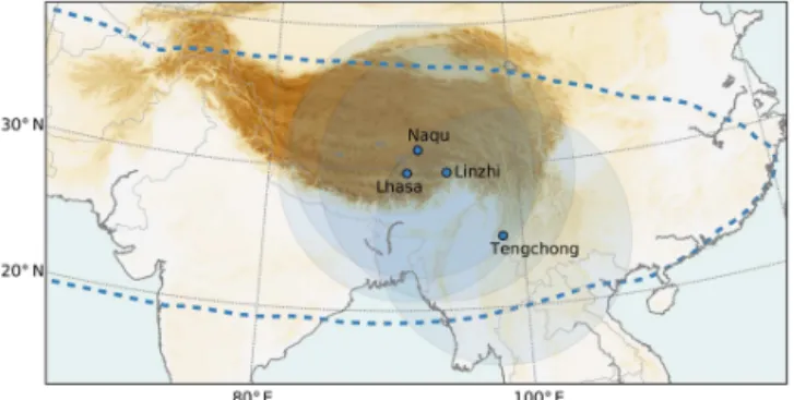 Figure 1. Locations of the radiosonde launch sites. The circular shaded areas cover a 1000 km radius from each site