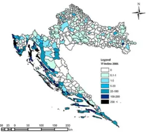 Figure 2. Towns and municipalities in Croatia 2011, due  to the number of tourist beds per 100 residents