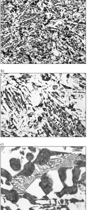 Fig. 3. Microstructure of casting made from chromium iron  obtained in melt no. 2; different magnifications - (a, b, c) 