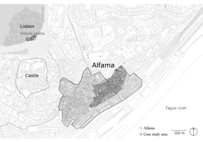 Figure 1. Lisbon’s historic center. Case study area in the neighborhood of Alfama.  