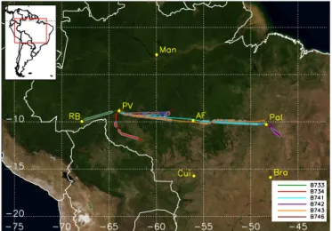Figure 1. Ground tracks for the six research flights listed in Table 1.