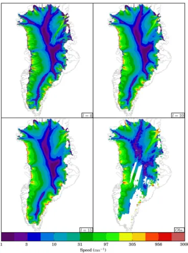 Figure 2. Balance velocity solution for a mesh size of h = H and l ∈ {4, 10, 15} as well as InSAR surface velocities.