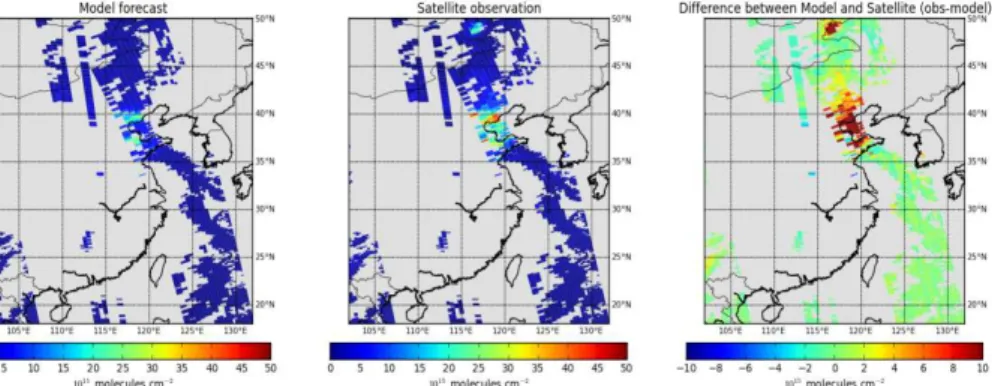 Figure 4. The comparison of the CHIMERE v2013 forecast (left) with OMI satellite observations (middle) on 6 May 2013