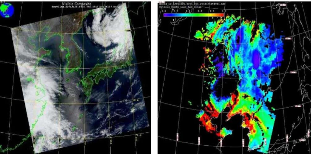 Figure 5. The RGB image (left) and Aerosol Optical Depth (right) from MODIS on 6 May 2013.
