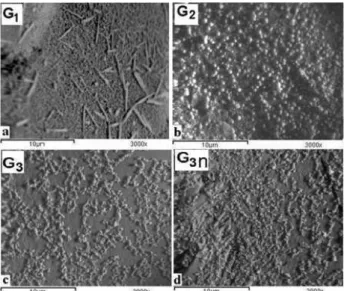 Figure 6. SEM micrograph of fracture surface of heat treated glass-ceramics: a) G 1 , b) G 2 , c) G 3 and d) G 3n
