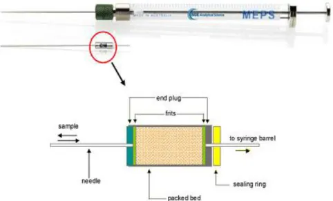 Figure 3: A MEPS syringe (250 µL) and BIN from SGE, and a scheme showing the composition of the  extraction column