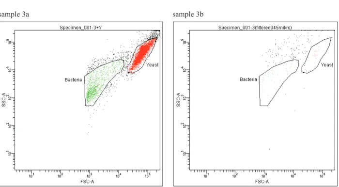 Fig. 5. An additional  ﬂ  ow cytometric analysis of sample 3, which involved mixing with yeast Saccharomyces cerevisiae  cells culture (sample 3a) and sample  ﬁ  ltration with the use of 0.45  m pore-size syringe  ﬁ  lter (sample 3b)