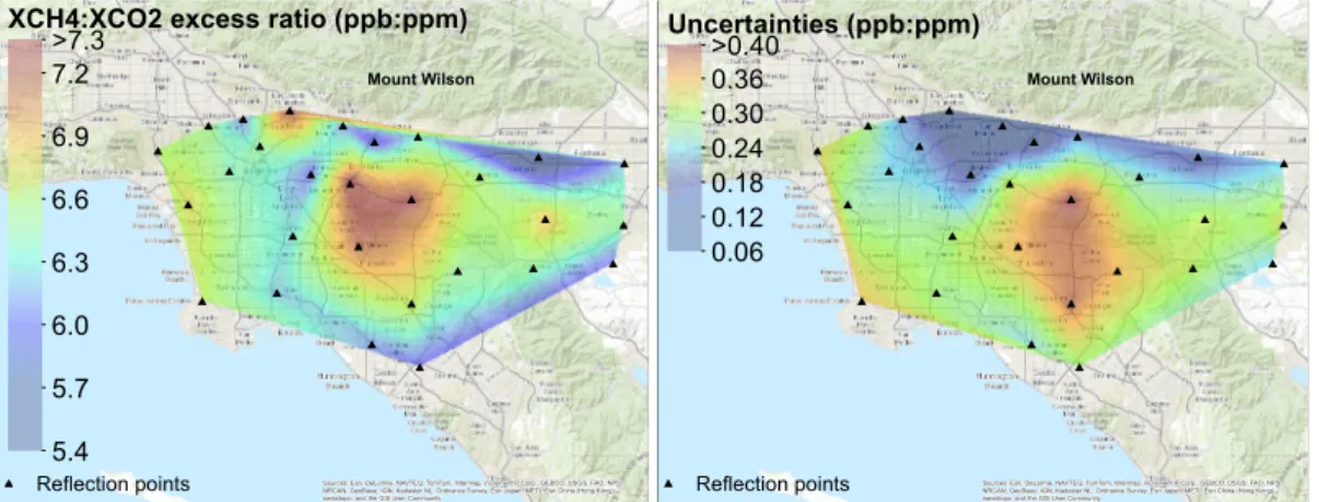 Figure 5. Maps of correlation slopes of XCH 4(XS) : XCO 2(XS) (top) and their uncertainties (one standard deviation) (bottom) in the Los Angeles megacity observed by the CLARS-FTS  be-tween the period of September 2011 and October 2013