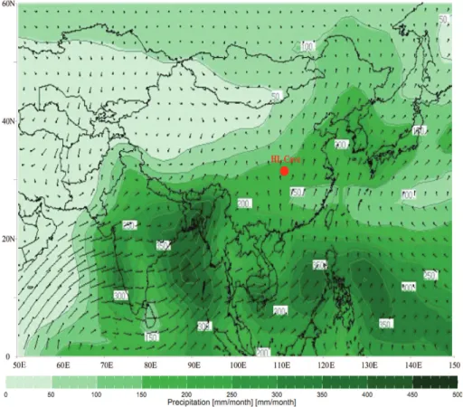 Fig. 1. Global mean July precipitation (mm month −1 ) within the longitudinal and latitudinal ranges of 50 ◦ E–150 ◦ E, 0 ◦ N–60 ◦ N, including the site of Heilong Cave (HL, Central China, 31 ◦ 40 ′ N, 110 ◦ 26 ′ E, this study)