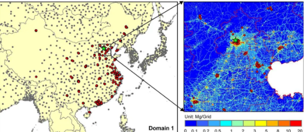 Figure 1. Simulation domain (Domain 1) and the monitoring stations. Gray circles are meteoro- meteoro-logical stations included in the NCDC dataset and red circles are monitoring stations included in the CNEMC dataset