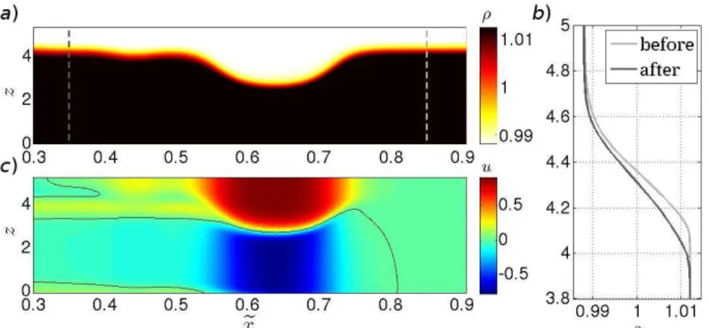 Figure 4. Field density perturbation (a), the vertical density profile before and after the soliton passing (b), the field of the horizontal speed (c) at time t = 75.6.