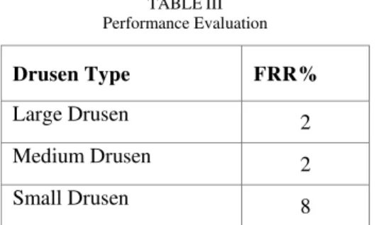 TABLE III  Performance Evaluation  Drusen Type  FRR%  Large Drusen  2  Medium Drusen  2  Small Drusen  8 