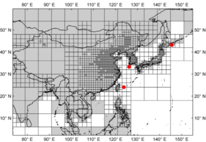 Fig. 2. ° Map showing a zoom-in over East Asia of the variable- variable-resolution grid (highest variable-resolution: 0.5 ◦ × 0.5 ◦ ) used for the  inver-sion