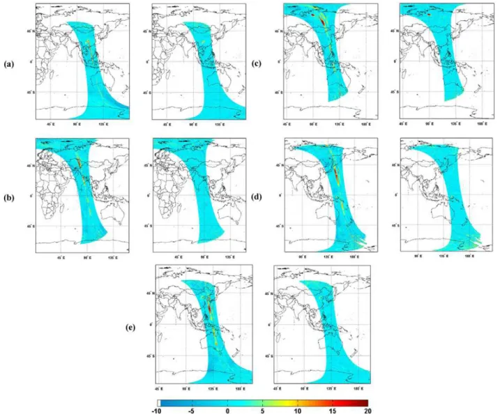 Fig. 12. Comparisons between SO 2 columns processed with median residual from a sliding 30 ◦ latitude range (left panels) and with the correction approaches for the row anomaly effects (right panels): (a) orbit 23911, 12 January 2009; (b) orbit 25179, 9 Ap