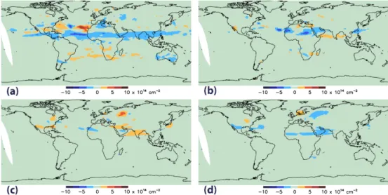 Fig. 6. Differences (= modified – nominal) in stratospheric field resulting from changes in masking threshold (nominal = 0.3 ×10 15 cm −2 ) and interpolation window dimensions (see text) in the STS algorithm