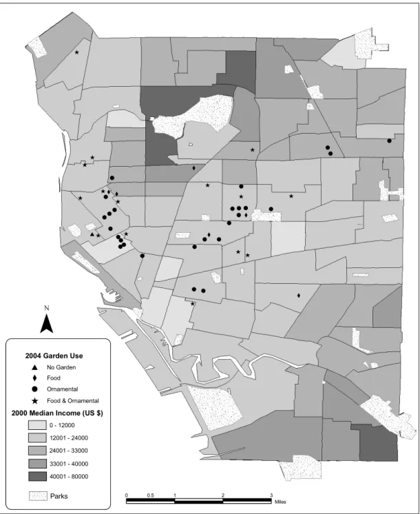 Fig. 1: Active community gardens 2004 and median income 2000 in Buffalo, NY Nutzung der Gemeinschaftsgärten 2004 und mittleres Einkommen 2000 in Buffalo, NY Usage des jardins communautaires en 2004 et revenu médian en 2000 à Buffalo, NY Source: Knigge (pri