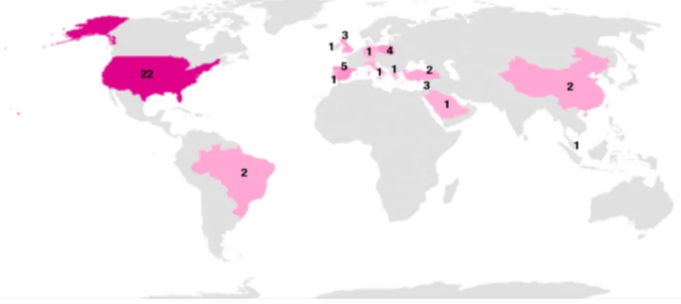 Figure 12. World map of publications of creativity interventions. Color palette: Deep pink  represents countries with more publications