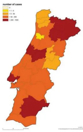 Figura 5 - Número de casos de Ricketsioses em Portugal, pela NUTS3(n=2834, entre 2002 -2010