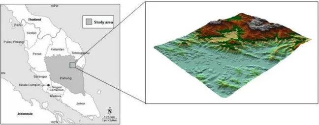 Fig. 1: A map of Peninsular Malaysia showing the study area (left) and 3D view of demonstration site (right) 