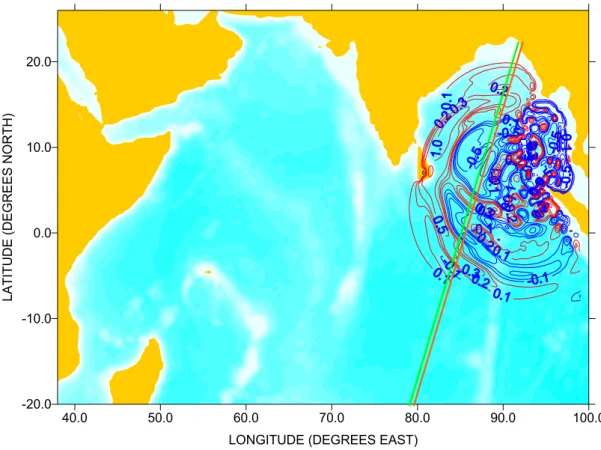 Figure 6.  Simulated wave height (m) 2 hours after the earthquake.  Red contour   denotes positive wave and blue contour denotes negative wave