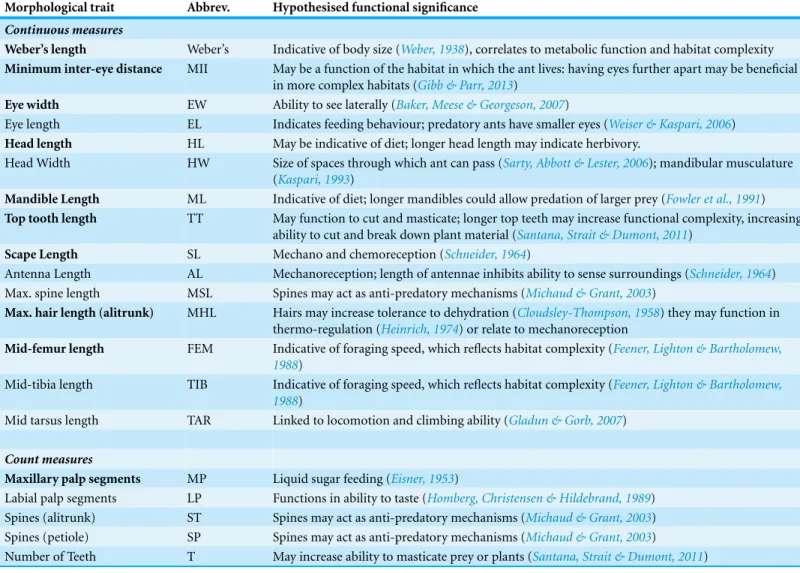 Table 1 The 20 morphological traits examined and the abbreviations given to these traits