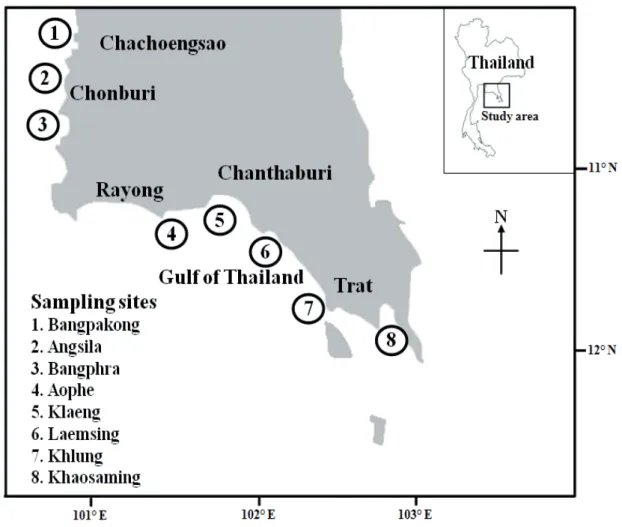 Figure 1. The sampling sites along the east coast of Thailand 