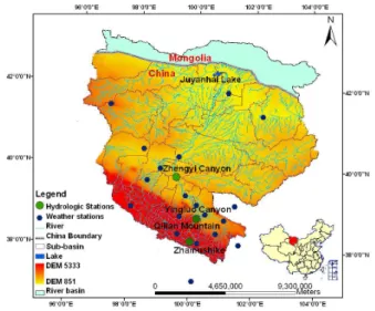 Fig. 1. The Heihe river basin with DEM, rivers, hydrological, lakes and weather stations indicated