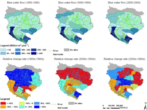 Fig. 6. The blue water flows (the best simulation and long term average annual values) (million m 3 yr −1 ) from the 1980s to the 2000s in the Heihe river basin.