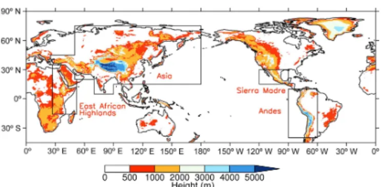 Figure 5. The orography regions specified for the tier-3 experiments for the Asia region (comprising the Tibetan–Iranian Plateau and  Hi-malayas), the East African Highlands (adapted from Slingo et al., 2005), the Andes and Sierra Madre