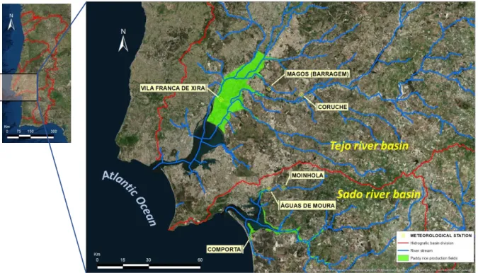 Figura 1. Rede hidrogfráfica dos rios Tejo e Sado e localização das estações meteorológicas e campos de  cultivo de arroz