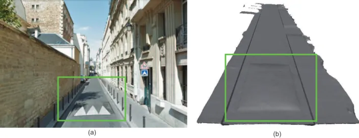 Figure 5: Surface reconstruction results for the dataset Urban ♯2 over 51 m length. (a) Google street view of the surveyed area (although not exactly the same pose, it is useful for surface inspection purposes), (b) N p = 1.01 Mpts, N t = 2.026 MTriangles,